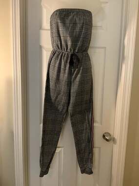 Guess Strapless Glen Plaid Jumpsuit with Side Racing Stripes